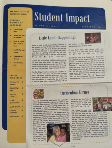 Clipping from the Ann Arbor Adventist Elementary School Student Impact newsletter, Volume 3, Issue 2 from October 5, 2007. 3 y/o Meghana pictured in bottom left picture with a friend.
